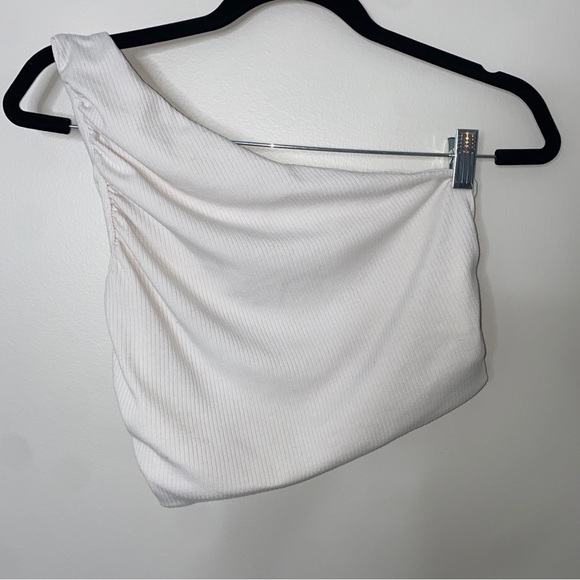Endless Blu Off-white Cream Ribbed Textured One Shoulder Crop Top Shirt Large - Picture 2 of 7